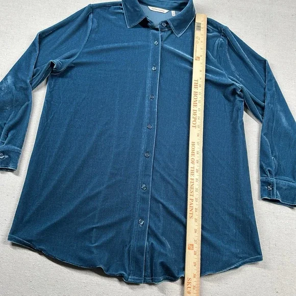 Soft Surroundings Shirt Women L Velvet Button Up Velour Teal Blue Green Collared - Picture 6 of 7
